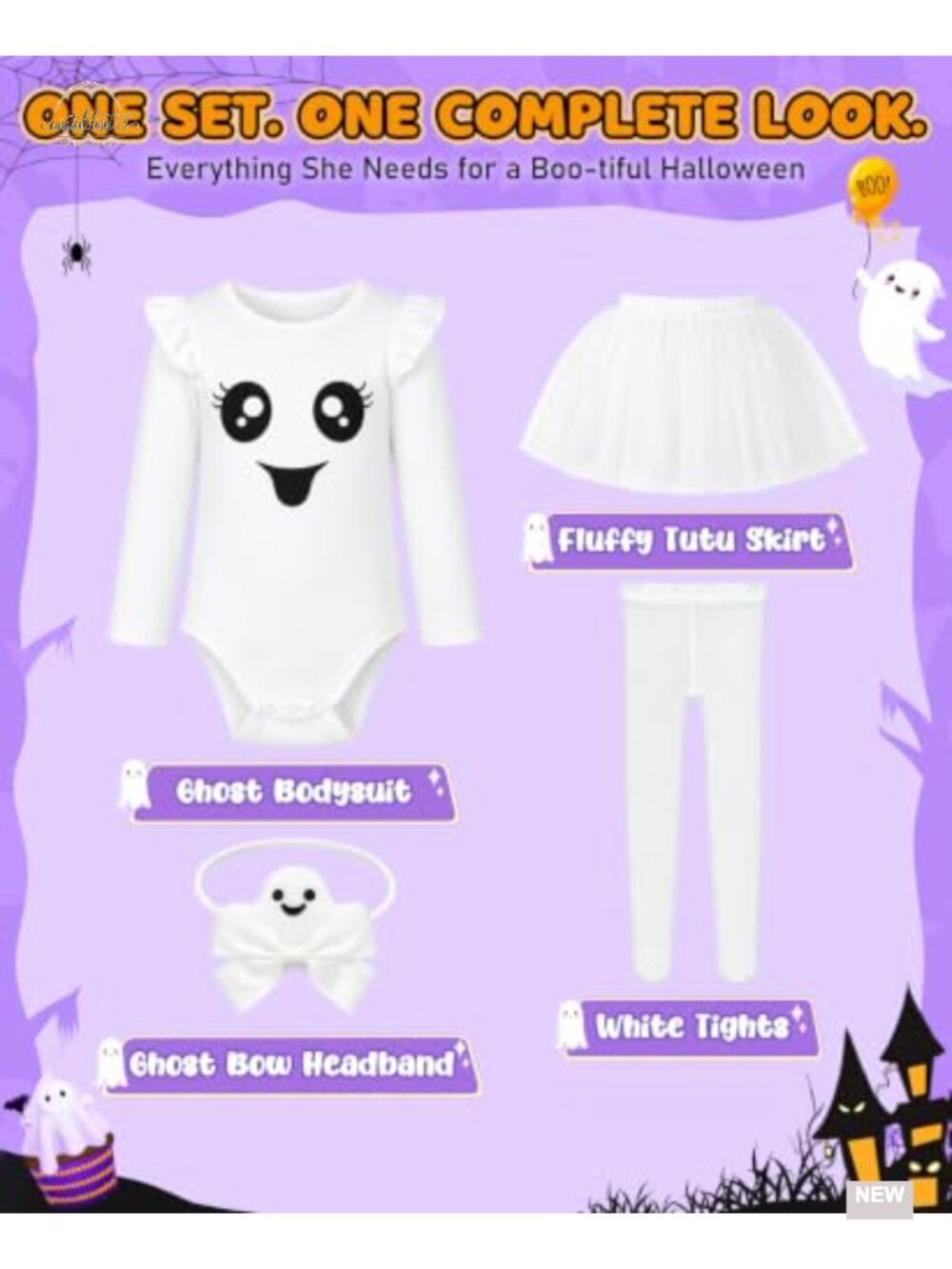 Toddler Girl Ghost Costume 4-Piece Bodysuit Tutu Headband Tights Halloween - Picture 2 of 6